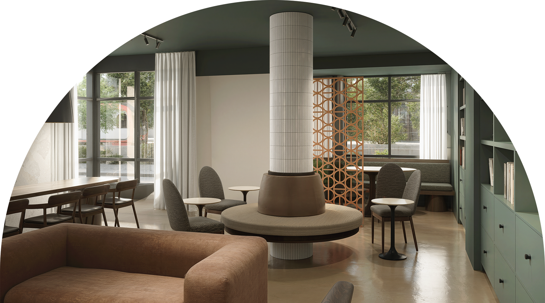 lounge with seating pillar windows and bookshelf