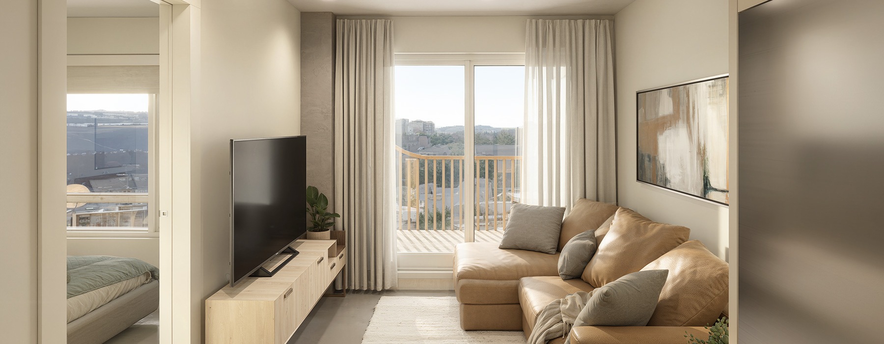 living room with furniture tv and windows and fridge