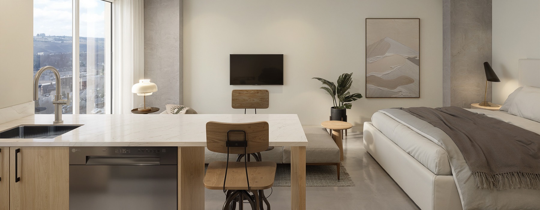 a studio with a bed, tv, desk and chair