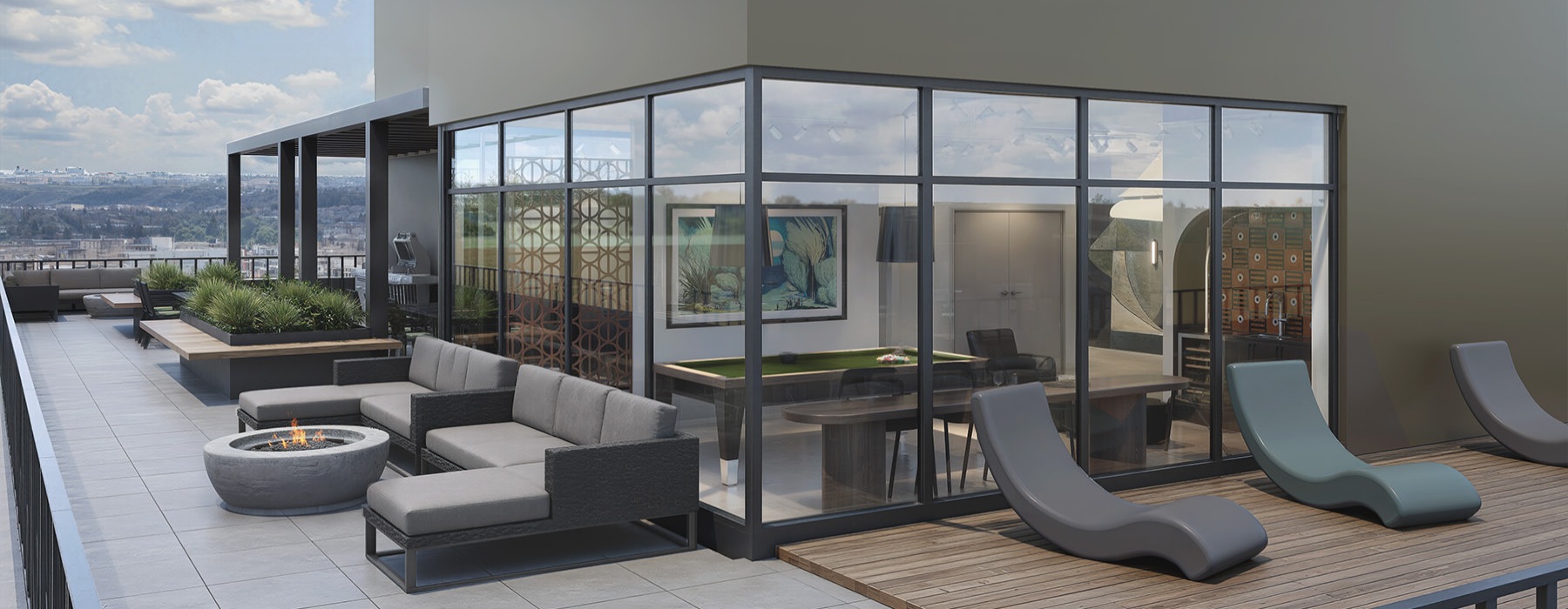 a patio with couches, chairs and a fire pit