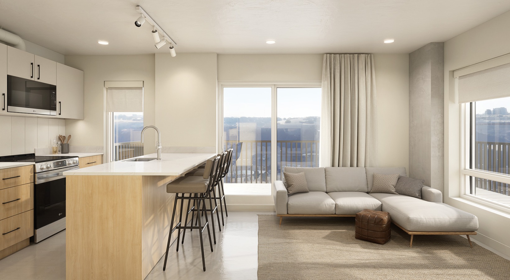 living room and kitchen with furniture and large windows